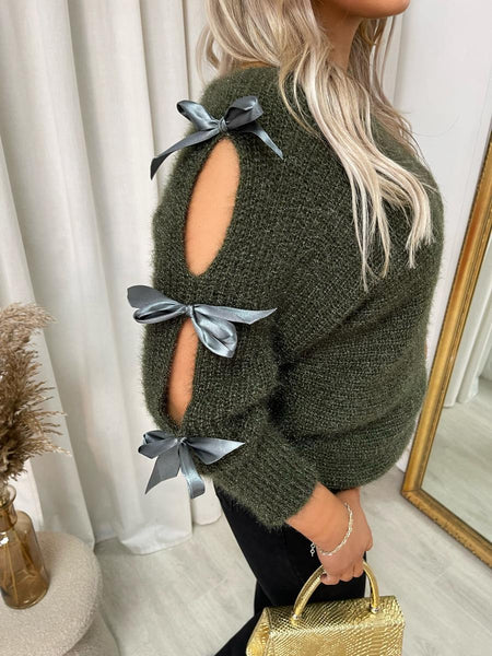 Cut Out Tie Bow Sleeve Detail Chunky Knitted Top