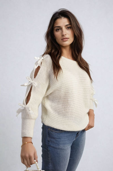 Cut Out Tie Bow Sleeve Detail Chunky Knitted Top