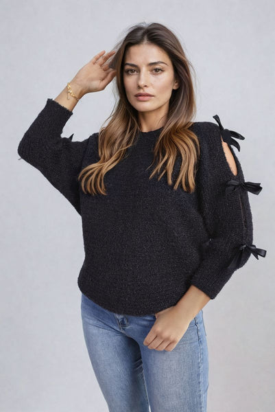 Cut Out Tie Bow Sleeve Detail Chunky Knitted Top