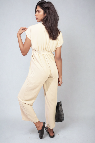 Belted V Neck Jumpsuit with Side Pockets