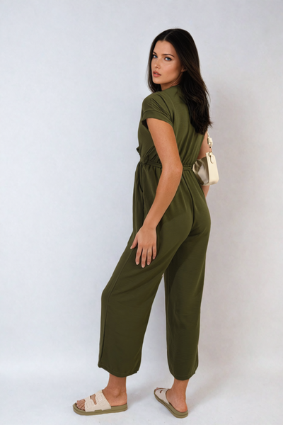 Belted V Neck Jumpsuit with Side Pockets