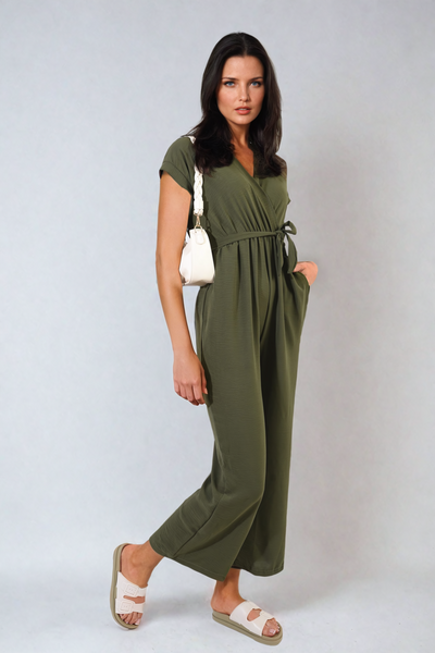 Belted V Neck Jumpsuit with Side Pockets