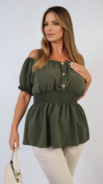 Button Front Cinched Waist Top