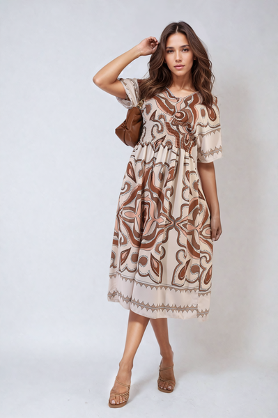 Ruched Printed V-Neck Short Sleeve Midi Dress