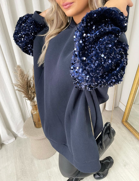 Oversized Sequin Sleeve Knitted Hoodie Jumper