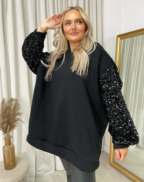 Oversized Sequin Sleeve Knitted Hoodie Jumper