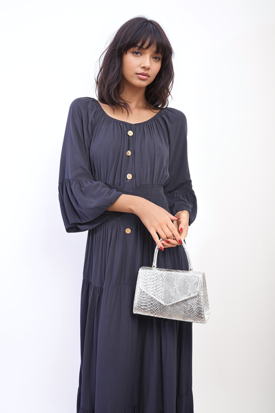 Ruffle Hem Sleeve Shirred Waist Tiered Maxi Dress