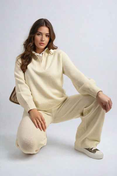 Long Sleeve Knitted Collar Top and Wide Leg Pants Co-ord Set