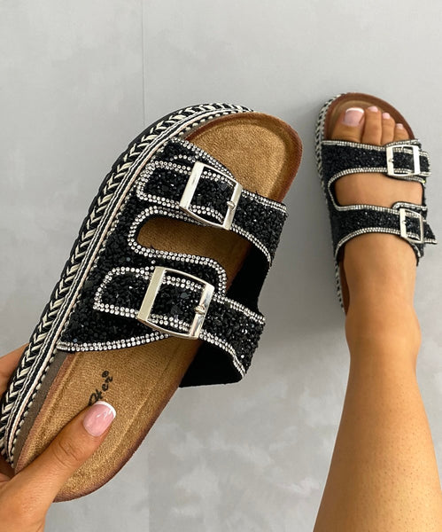 Embellished Stone Double Buckle Platform Sandals