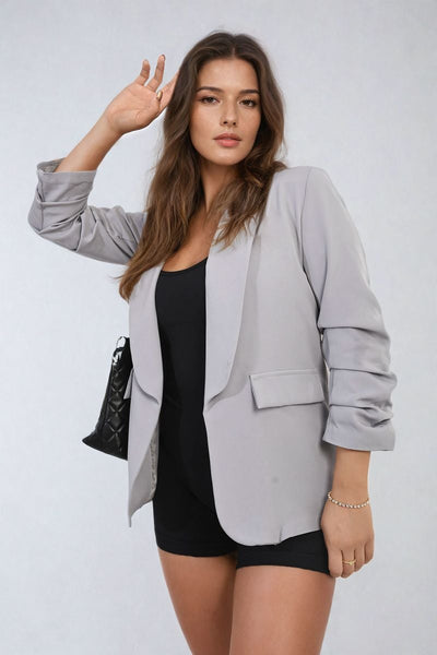 Ruched Sleeve Open Front Blazer Jacket with Front Pockets