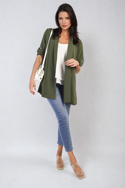 Open Front Roll Up Sleeve Cardigan