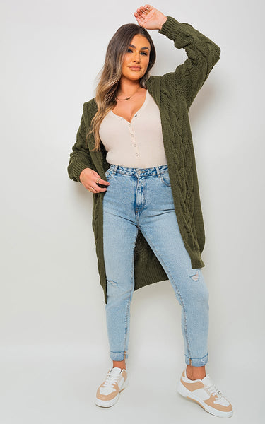 Chunky Cable Knitted Oversized Longline Hooded Cardigan