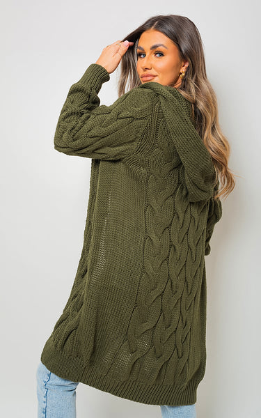 Chunky Cable Knitted Oversized Longline Hooded Cardigan